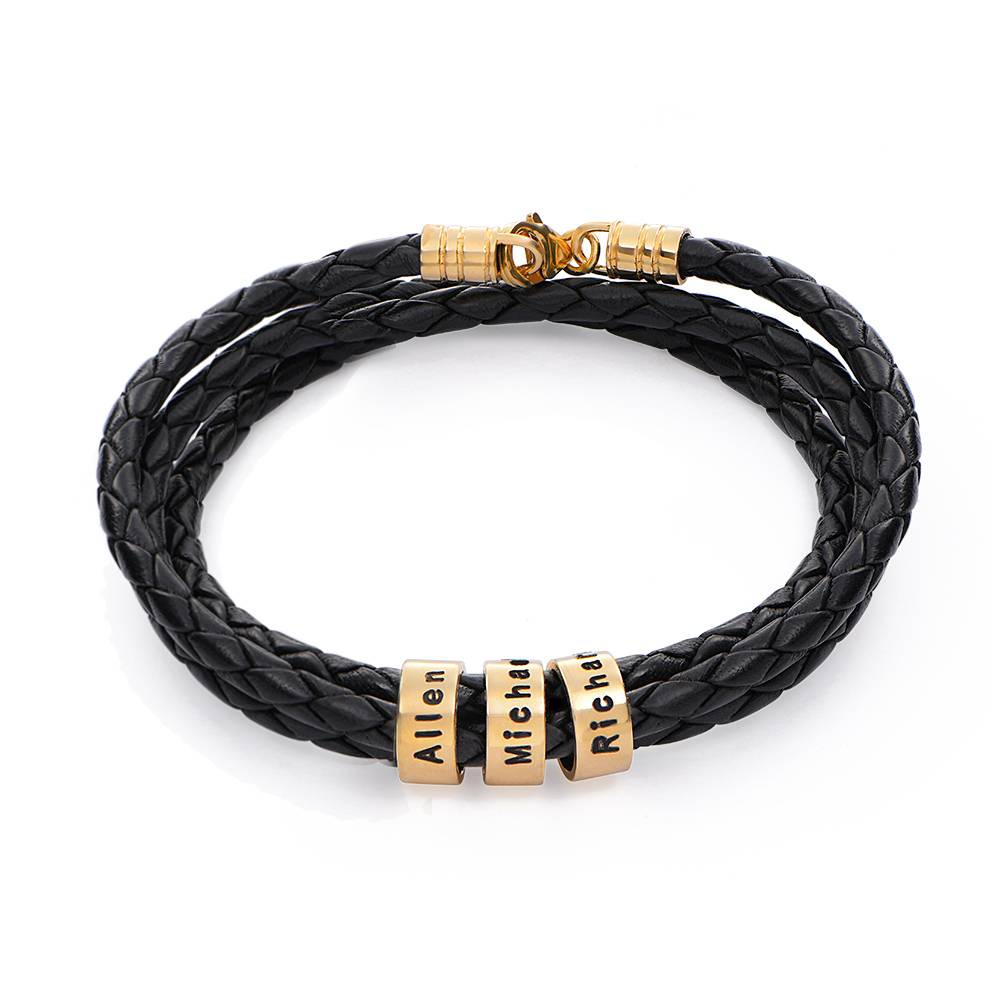 Navigator Braided Leather Bracelet for Men with Small Custom Beads in 14ct Yellow Gold product photo