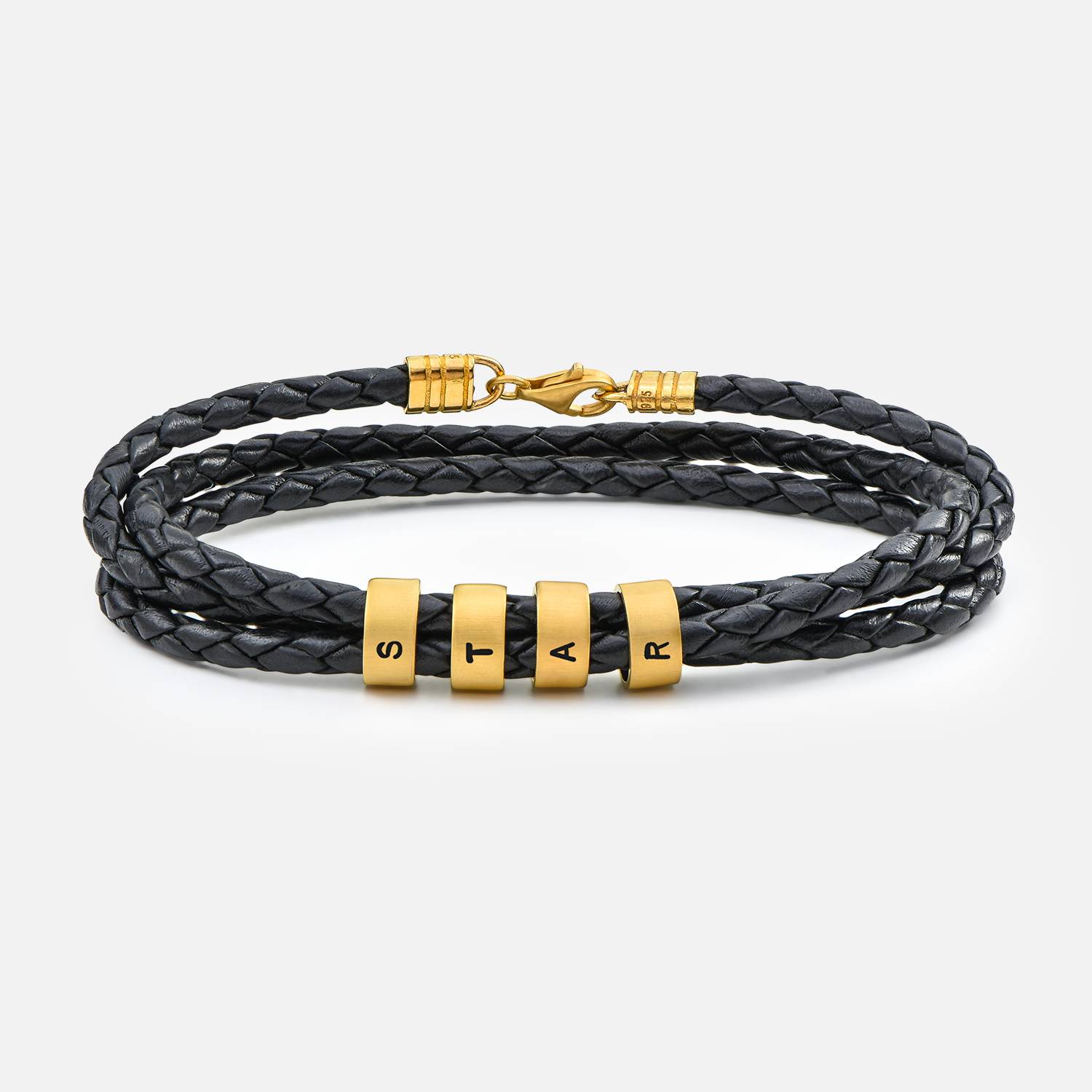 Navigator Braided Leather Bracelet with Small Custom Beads in 18ct Gold Plating-1 product photo