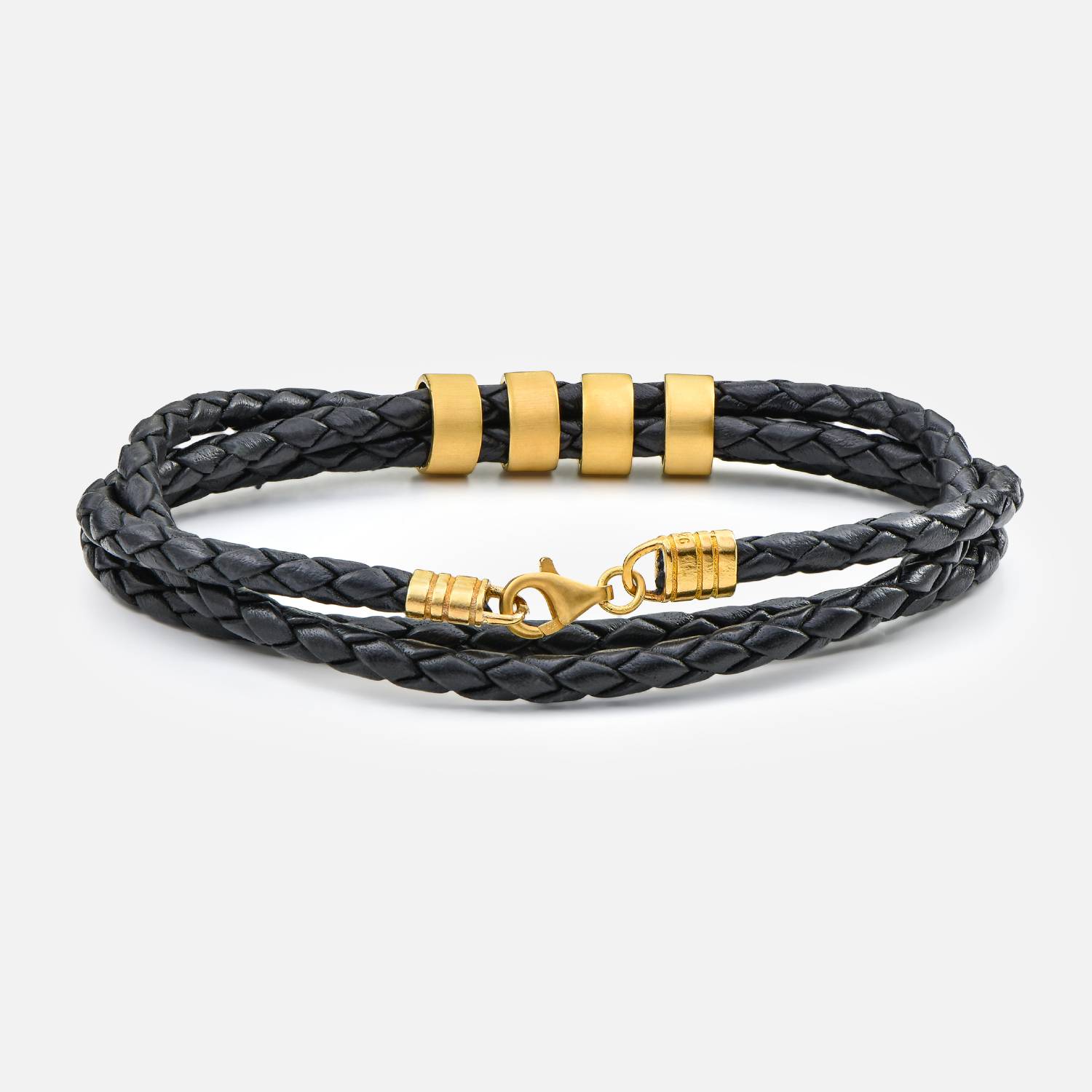 Navigator schwarzes geflochtenes  Lederarmband mit vergoldeten personalisierten Beads-3 Produktfoto