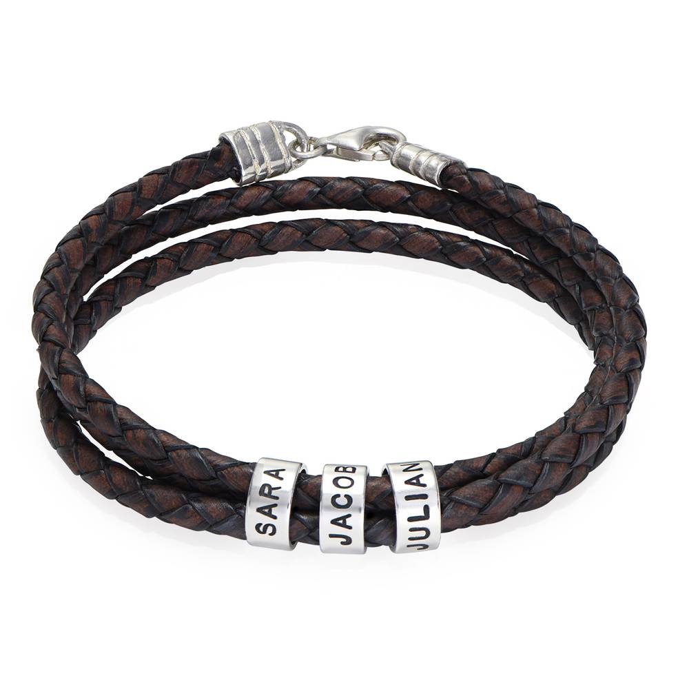 Navigator Gevlochten Bruine Leren Herenarmband met Gepersonaliseerde Kralen in 14k Witgoud