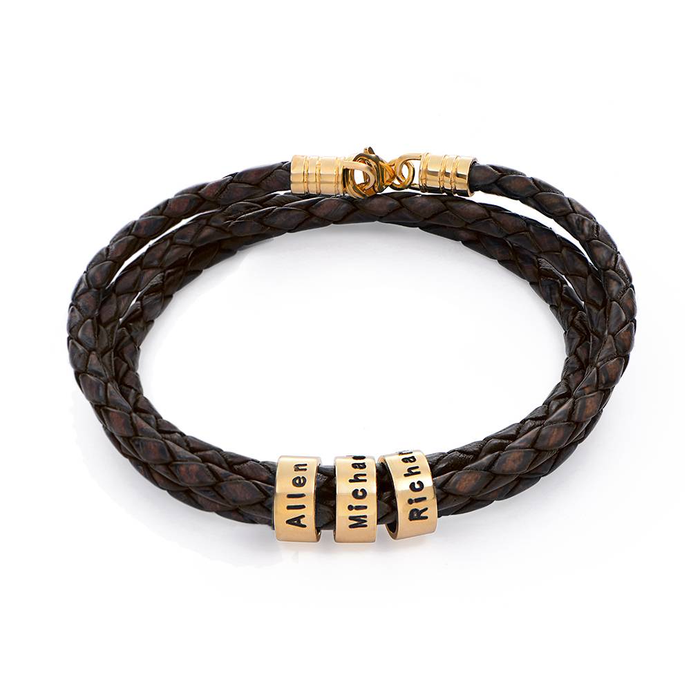 Navigator Brown Braided Leather Bracelet for Men with Small Custom Beads in 14ct Yellow Gold product photo