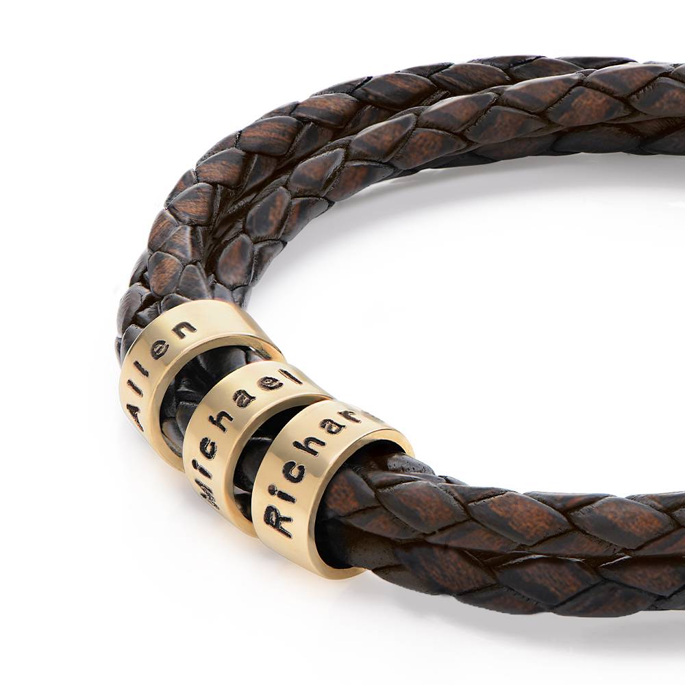 Navigator Brown Braided Leather Bracelet for Men with Small Custom Beads in 14K Yellow Gold-5 product photo