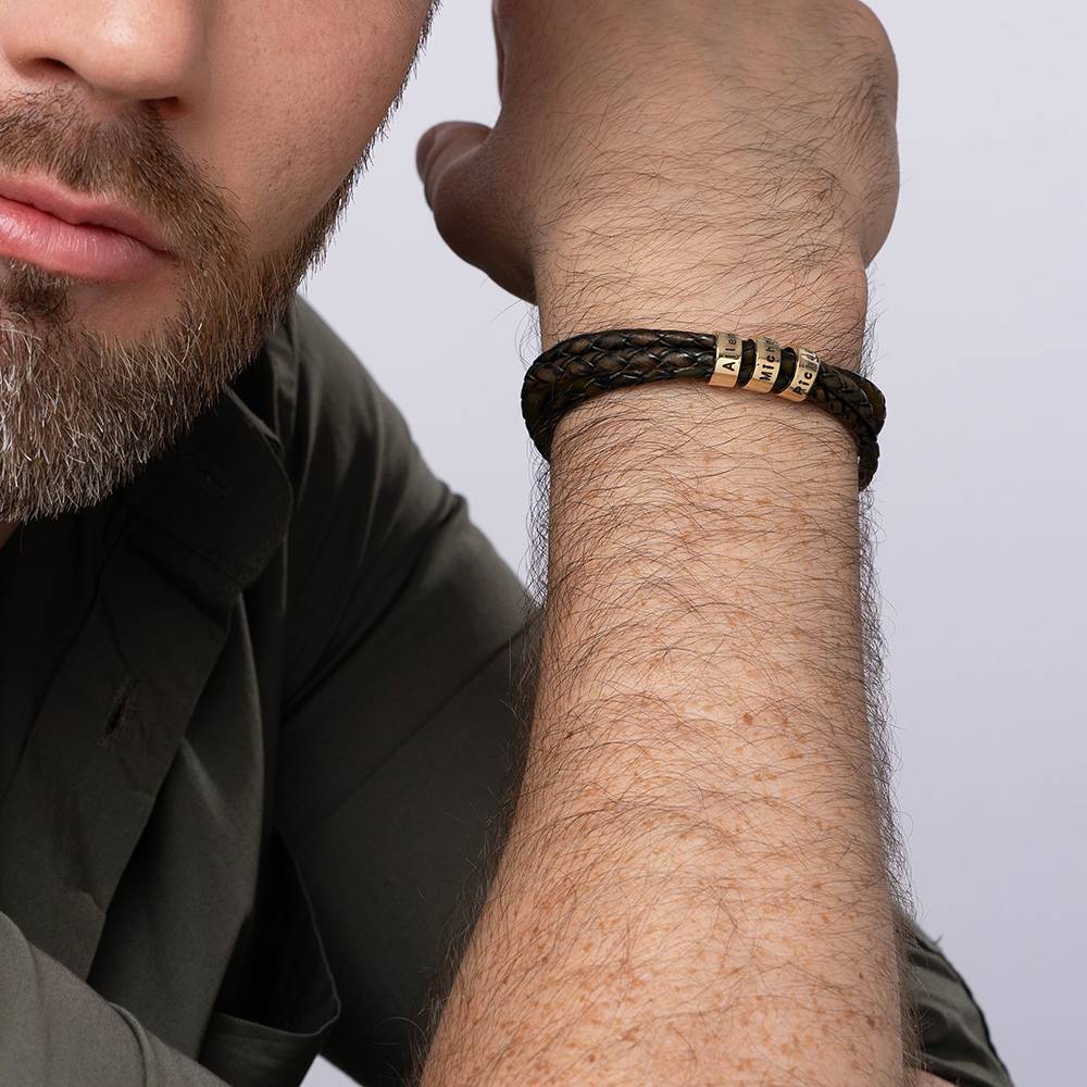 Navigator Brown Braided Leather Bracelet for Men with Small Custom Beads in 14K Yellow Gold-1 product photo