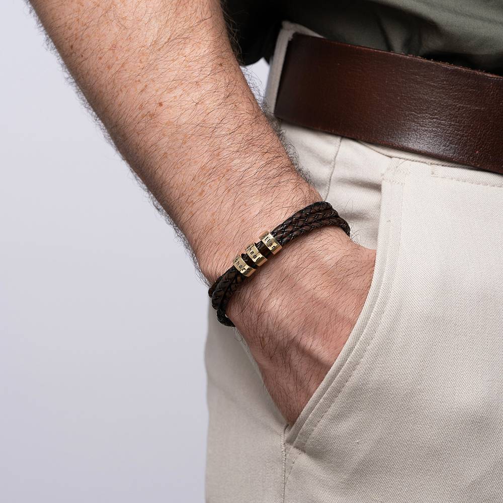 Navigator Brown Braided Leather Bracelet for Men with Small Custom Beads in 14K Yellow Gold-2 product photo