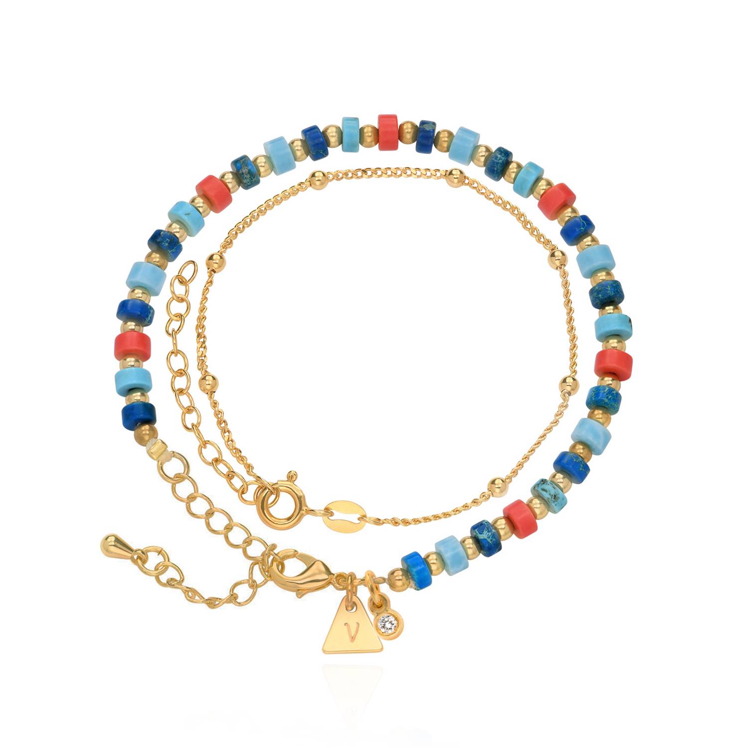 Tropical Layered Beads Bracelet/Anklet with Initials and Diamonds in Gold Plating-5 product photo