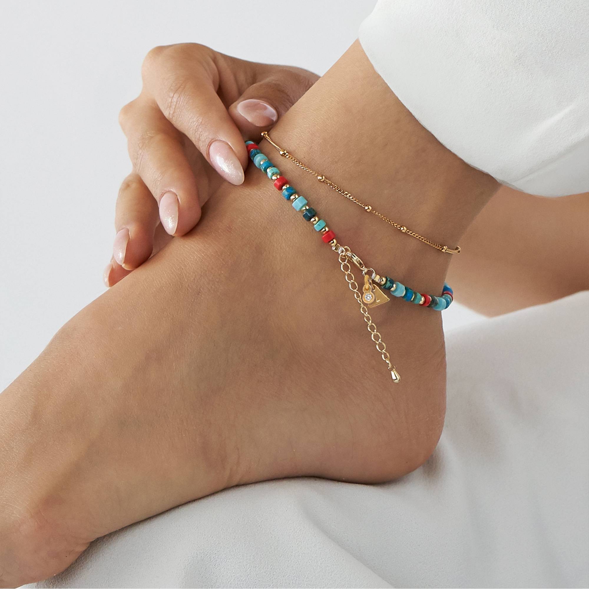 Tropical Layered Beads Bracelet/Anklet with Initials and Diamonds in Gold Plating-3 product photo