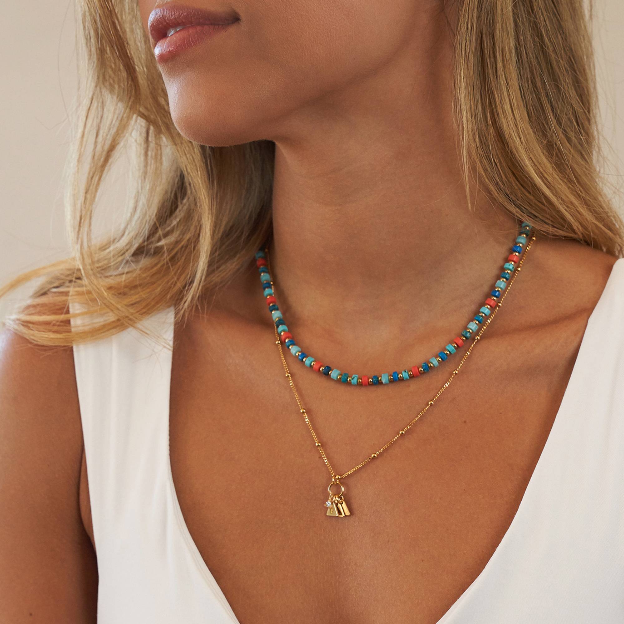 Pacific Layered Beads Necklace with Initials and 0.10CT Diamond in Gold Plating-5 product photo