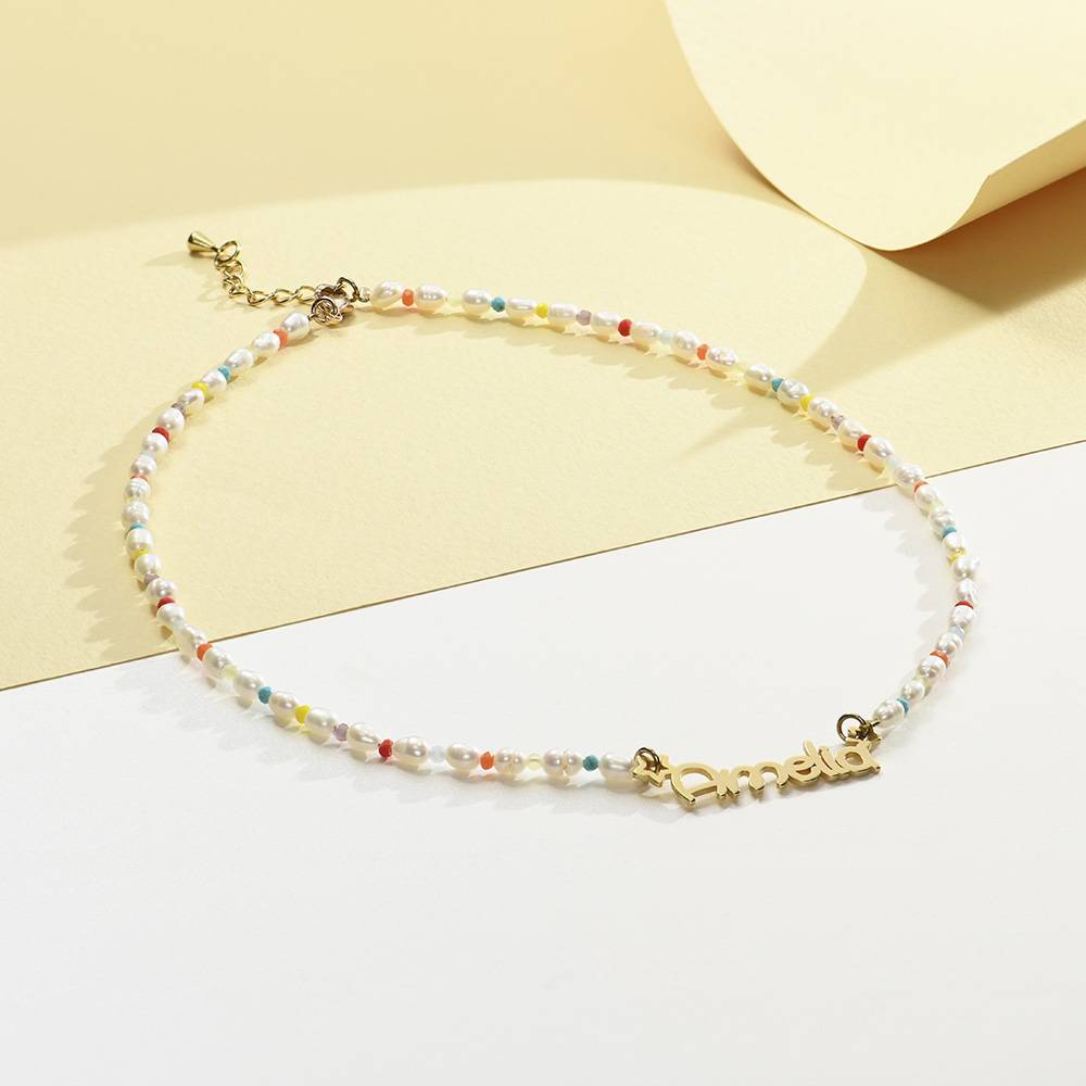 Collar de perlas con nombre para niña in Plata de ley chapada en oro 18k-2 foto de producto