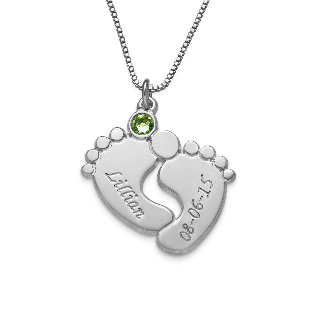 Graveerbare Babyvoetjes Mama Ketting met Geboortesteen in 925 Zilver