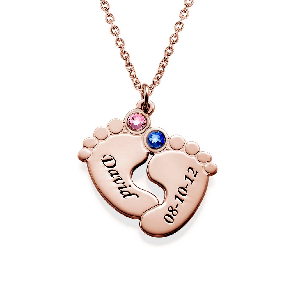 Personalized Baby Feet Necklace with Birthstones in 18K Rose Gold Plating-3 product photo