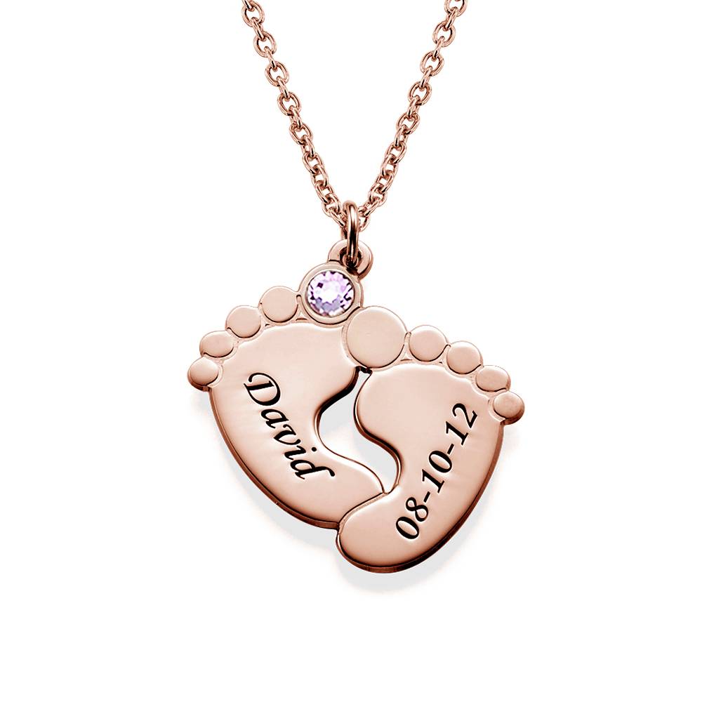 Personalized Baby Feet Necklace with Birthstones in 18K Rose Gold Plating-1 product photo