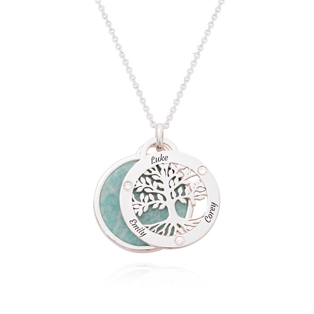 Collier arbre généalogique personnalisé avec pierre semi-précieuse et diamants en argent 925-4 photo du produit