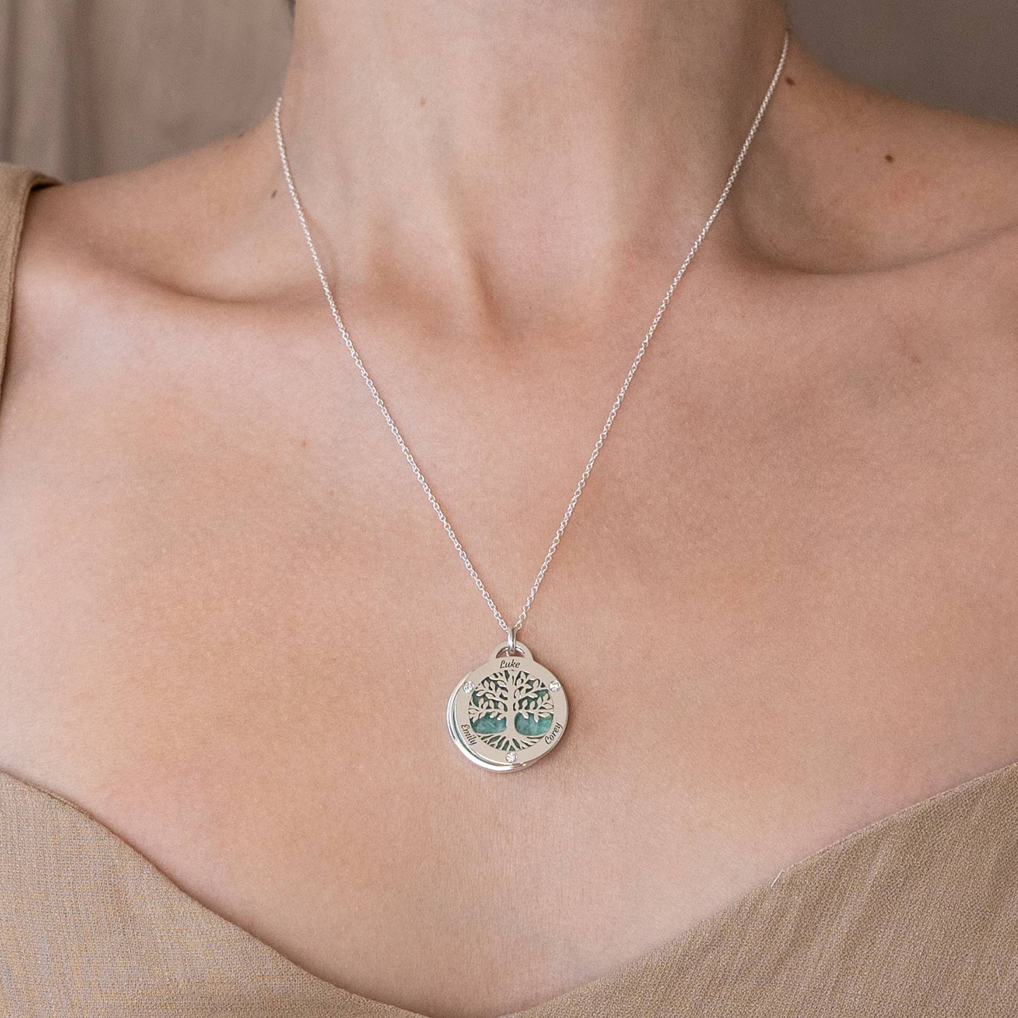 Collier arbre généalogique personnalisé avec pierre semi-précieuse et diamants en argent 925-5 photo du produit