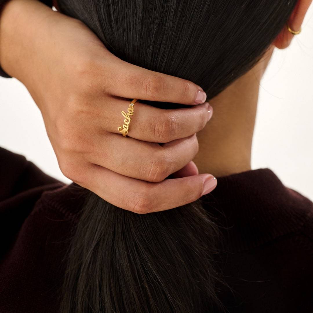 Bague prénom script avec diamant en Plaqué Or 18 carats-4 photo du produit