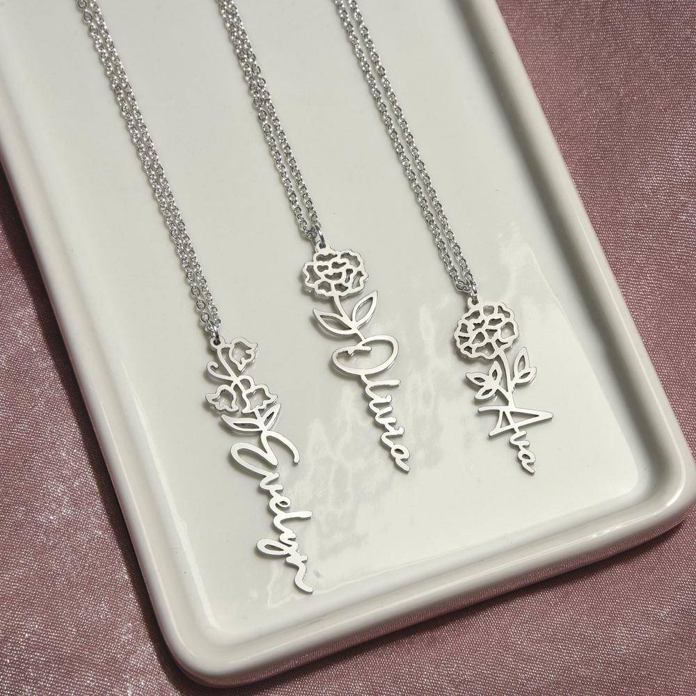Custom Flower Name Necklace in Stainless Steel-3 product photo