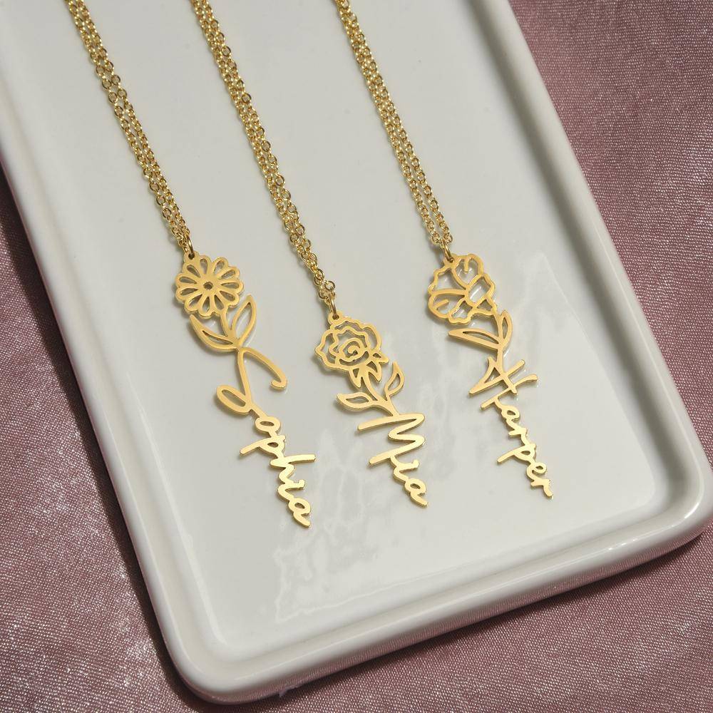 Namnhalsband med Månadsblomma i 18k Guldpläterat Rostfritt Stål-1 produktbilder