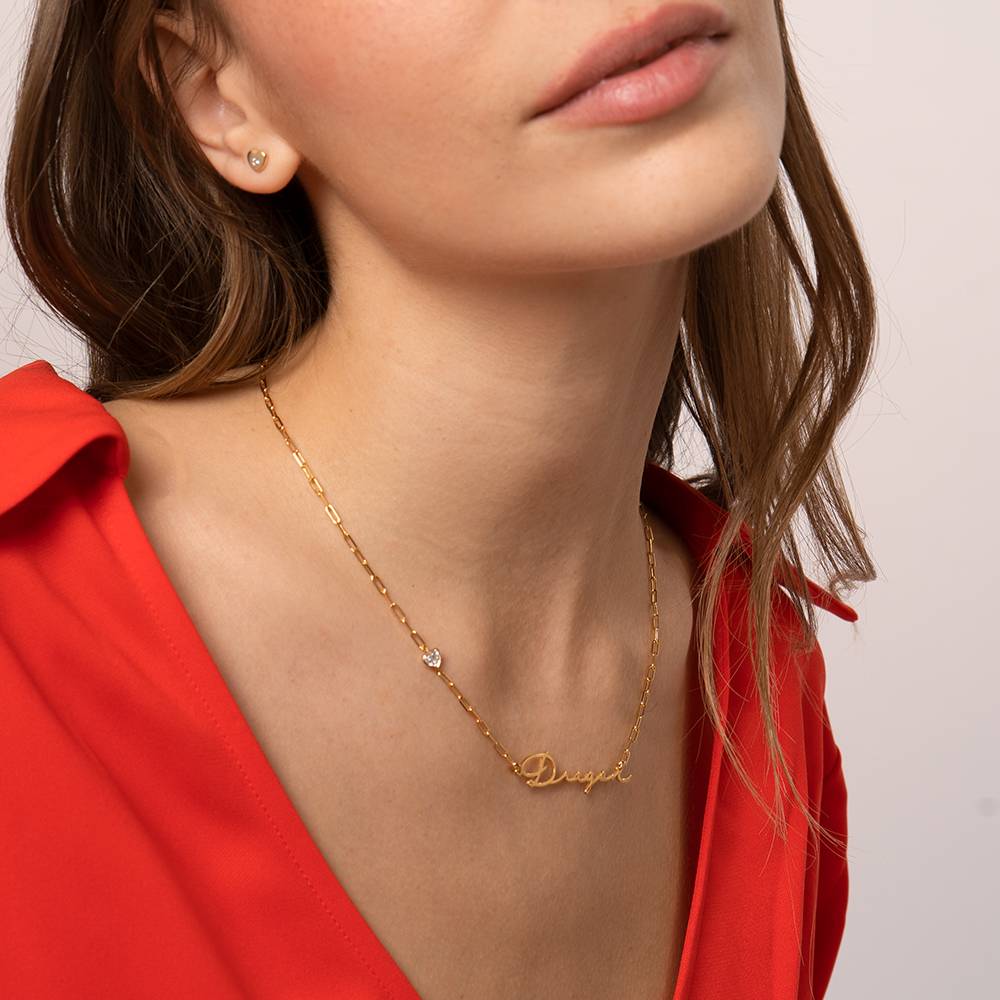 Signature Link Chain Name Necklace With Heart Diamond in 18K Gold Plating-2 product photo