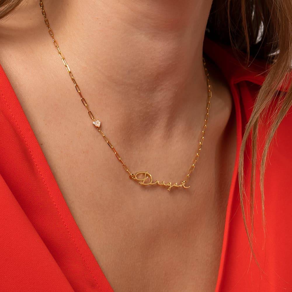 Signature Link Chain Name Necklace With Heart Diamond in 18K Gold Plating-3 product photo