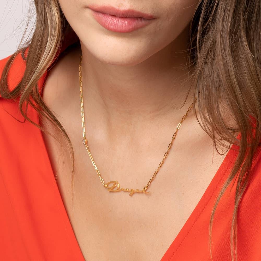 Signature Link Chain Name Necklace With Heart Diamond in 18ct Gold Vermeil-3 product photo
