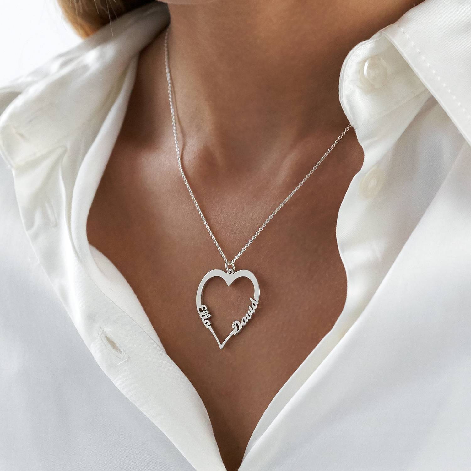 Contour Heart Pendant Necklace with Two Names in Premium Silver-2 product photo