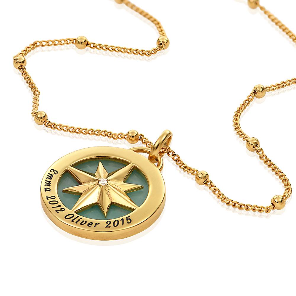 Gravierte Kompass Halskette mit Halbedelstein - 750er vergoldetes Silber-3 Produktfoto