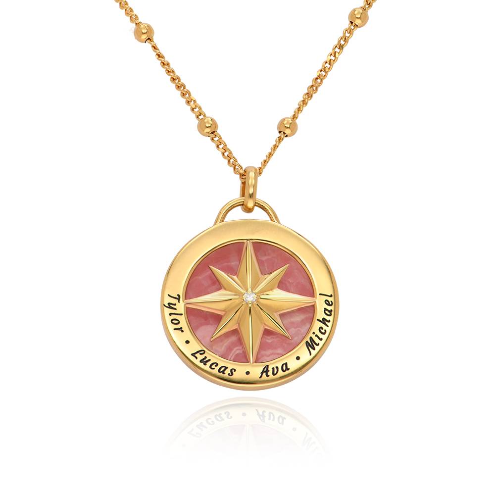 Gravierte Kompass Halskette mit Halbedelstein - 750er vergoldetes Produktfoto