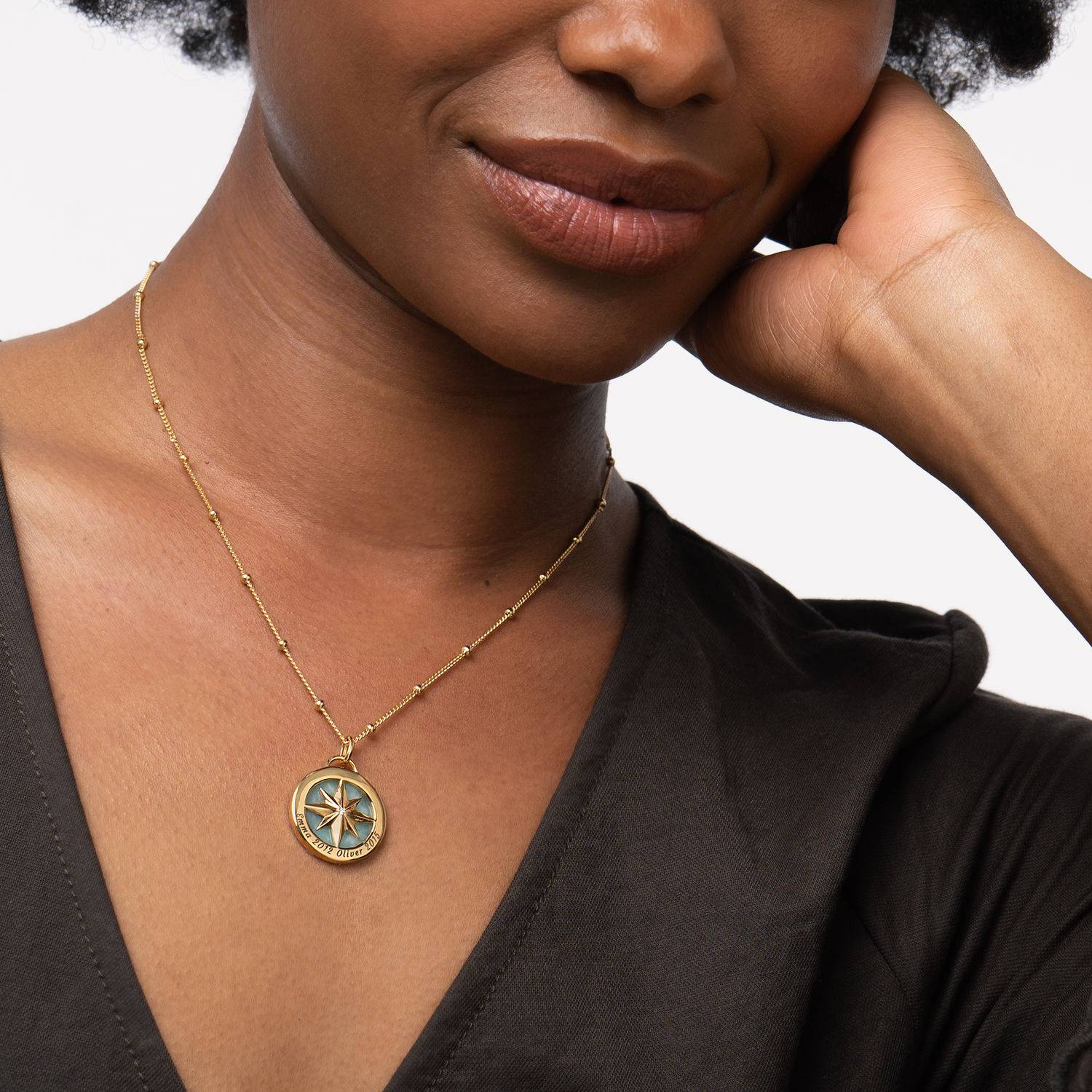 Engraved Compass Necklace With Semi-Precious Stone in 18ct Gold Plating-5 product photo