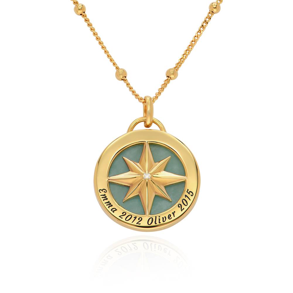 Gravierte Kompass Halskette mit Halbedelstein - 750er vergoldetes Produktfoto