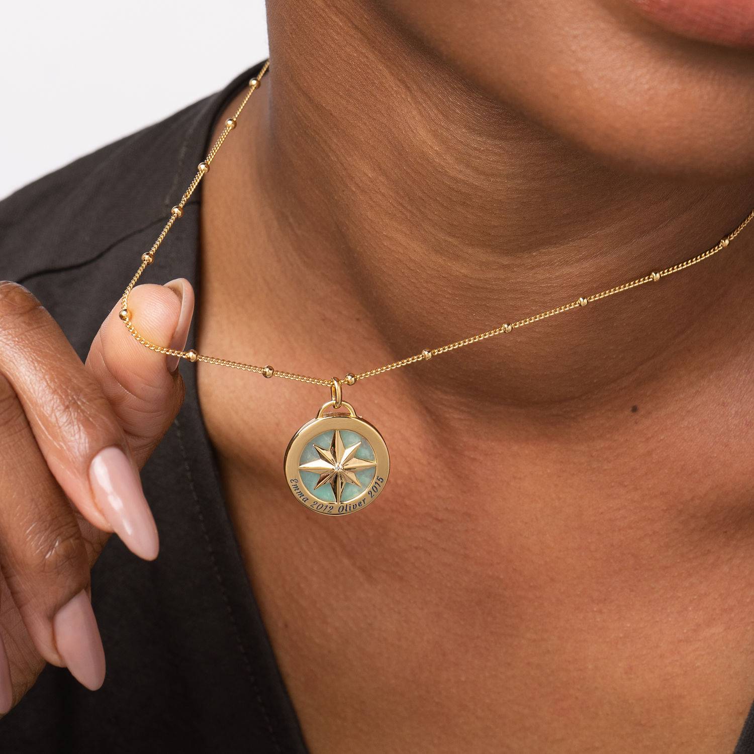 Gravierte Kompass Halskette mit Halbedelstein - 750er vergoldetes Silber-5 Produktfoto