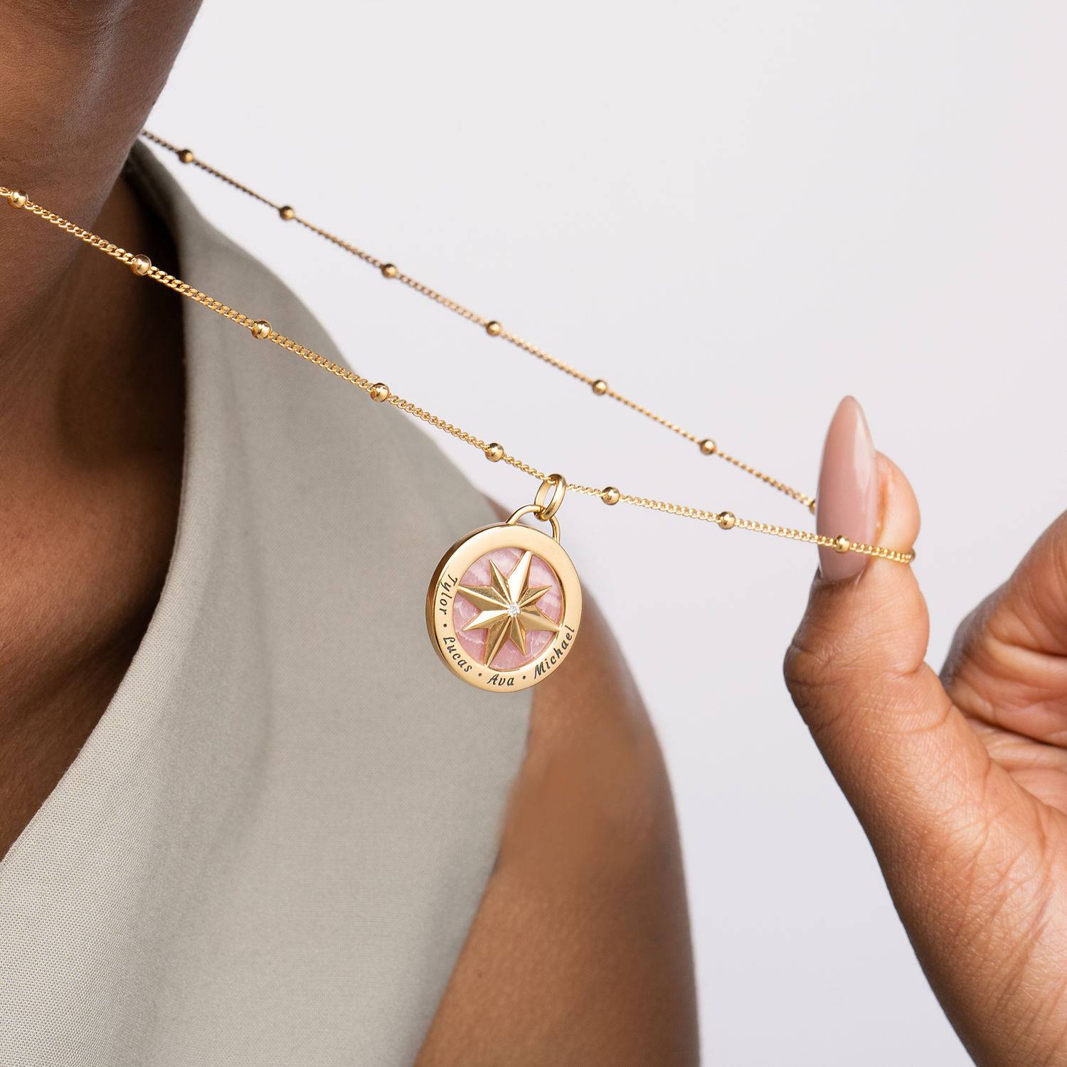 Engraved Compass Necklace With Semi-Precious Stone in 18K Gold Vermeil-5 product photo
