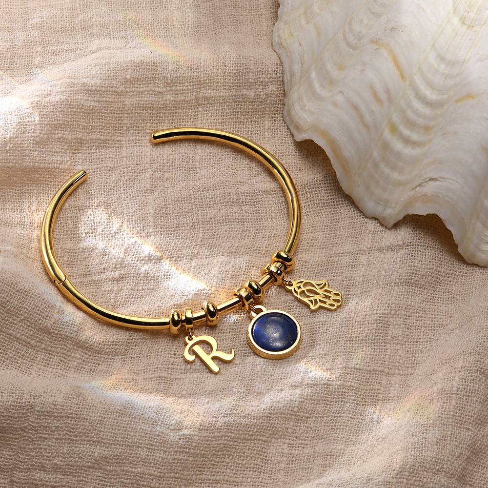Symbolic Initial Bangle Bracelet with Semi-Precious Stone in 18K Gold Plating-2 product photo