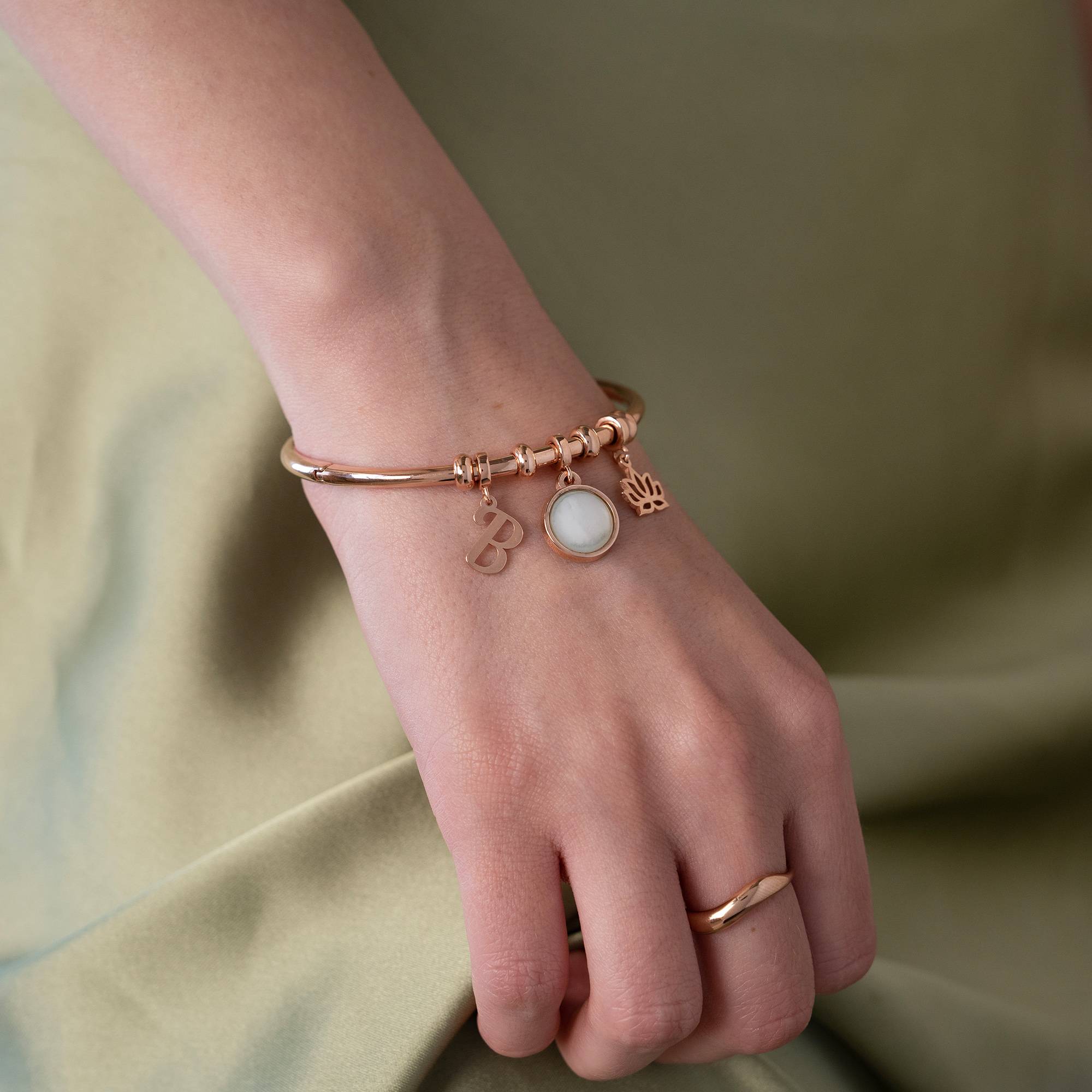 Symbolic Initial Bangle Bracelet with Semi-Precious Stone in 18K Rose Gold Plating-1 product photo