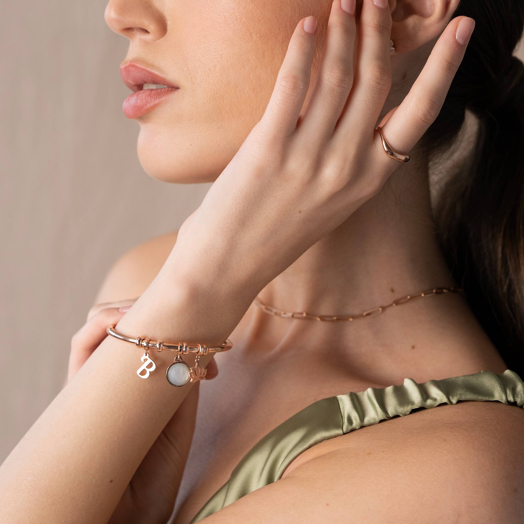 Symbolic Initial Bangle Bracelet with Semi-Precious Stone in 18K Rose Gold Plating-3 product photo