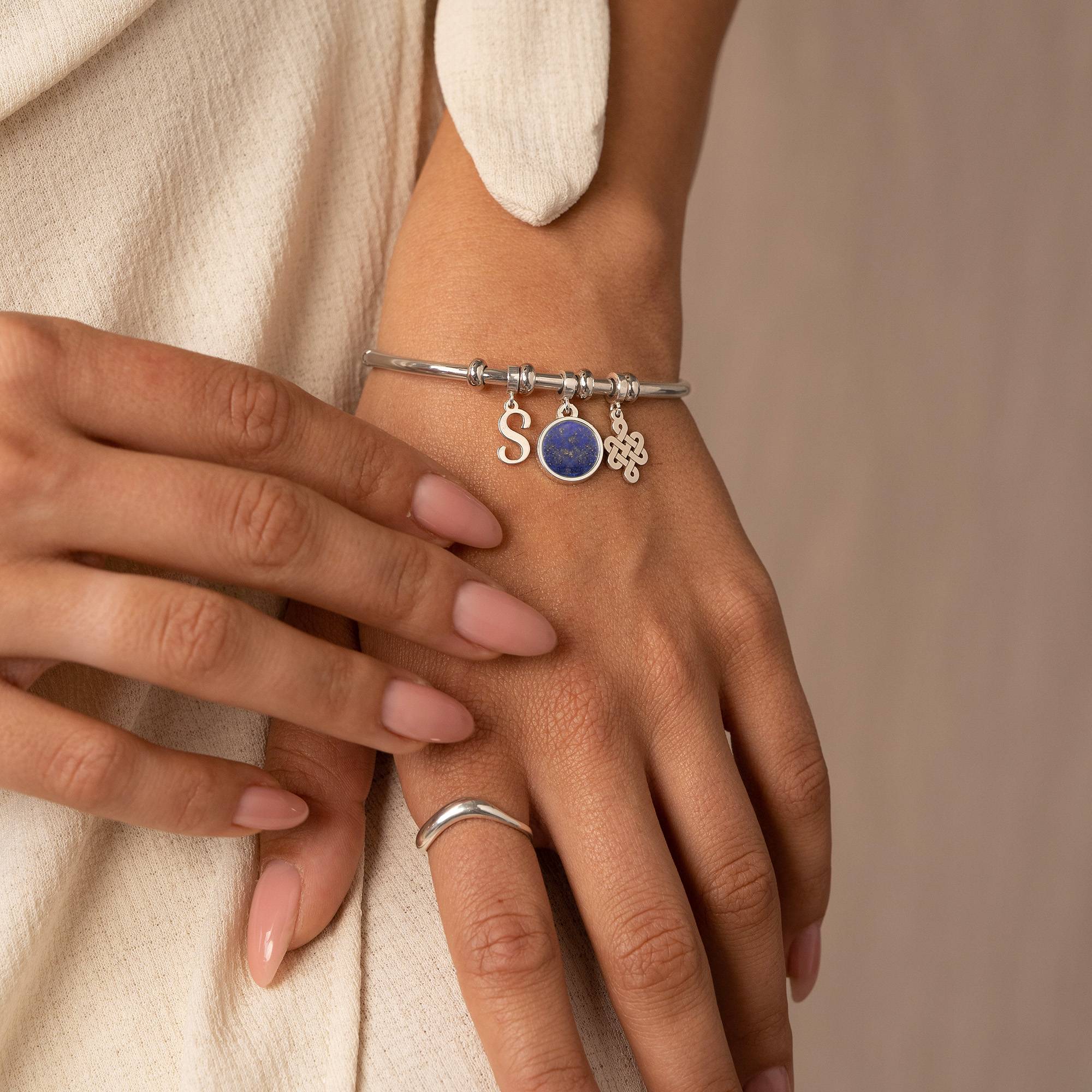 Symbolic Initial Bangle Bracelet with Semi-Precious Stone in Sterling Silver-3 product photo