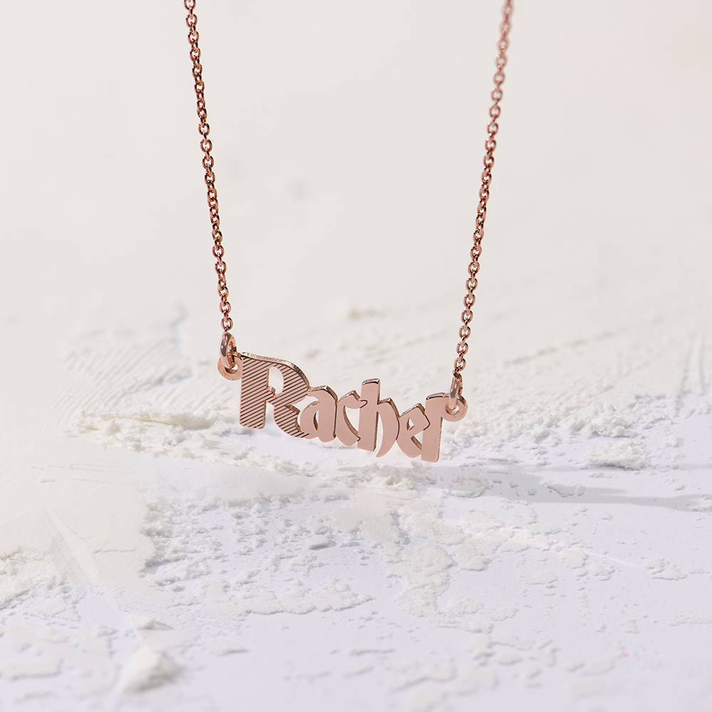 Wednesday Textured Gothic Name Necklace in 18ct Rose Gold Plating-2 product photo