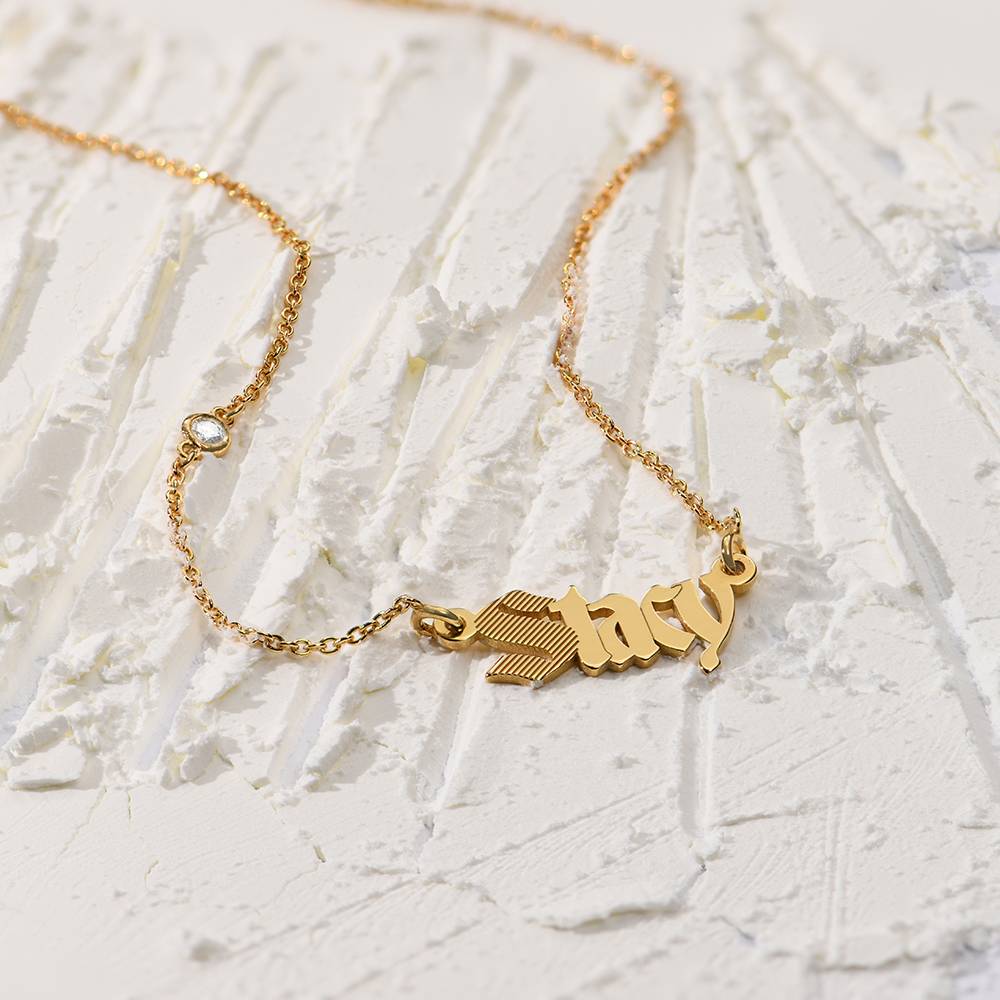 Wednesday Textured Gothic Name Necklace with Diamond in 18ct Gold Plating-3 product photo