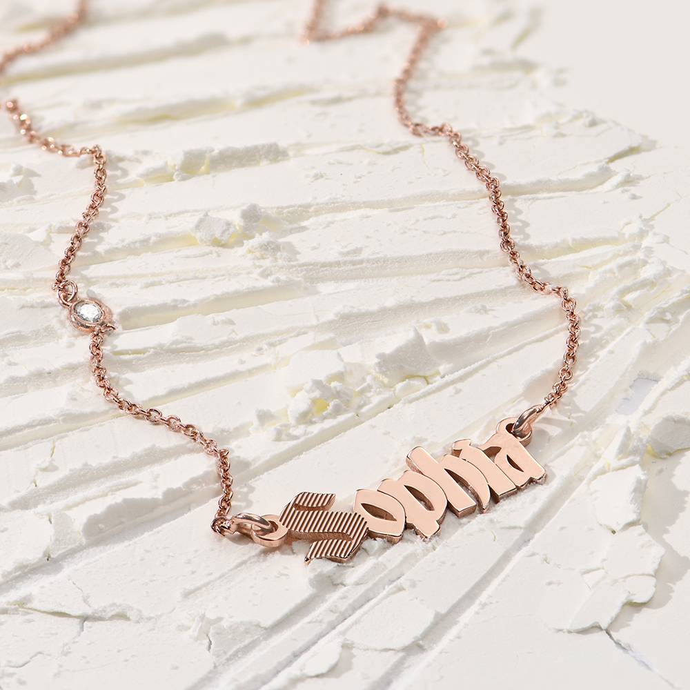 Wednesday Textured Gothic Name Necklace with Diamond in 18ct Rose Gold Plating-2 product photo