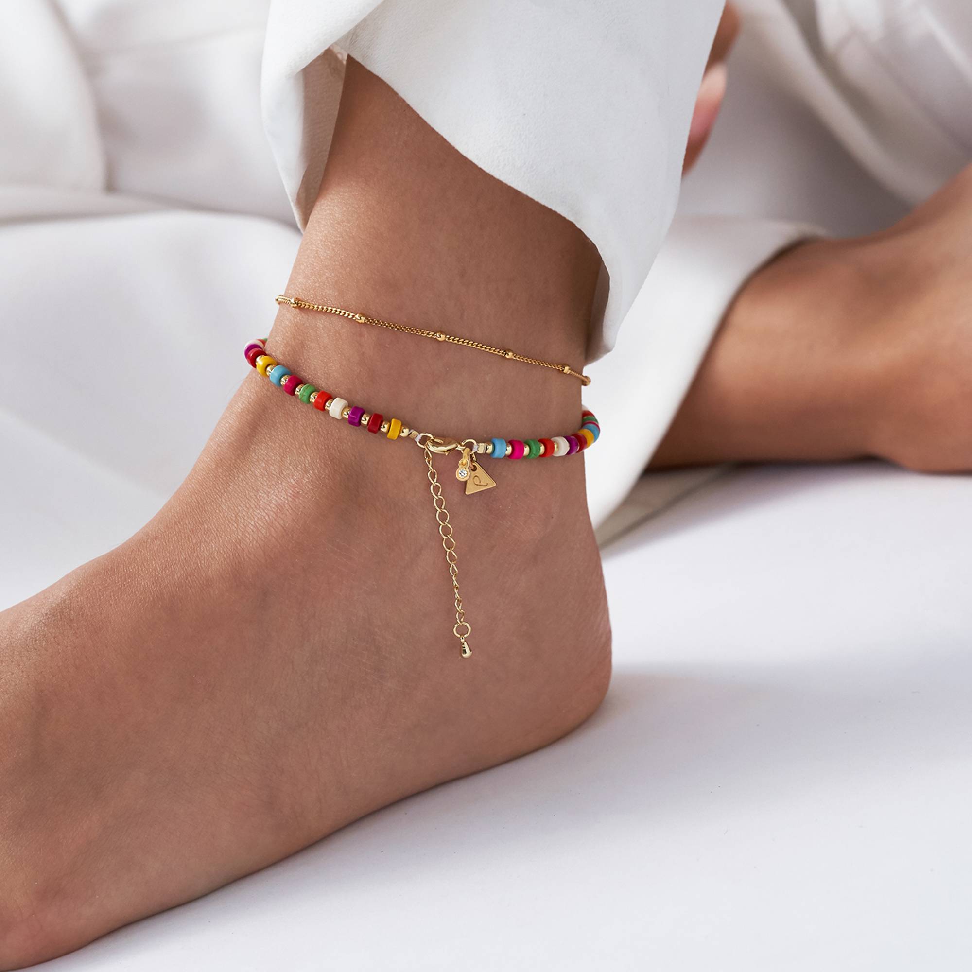 Tropical Layered Beads Bracelet/Anklet with Initials and Diamonds in Gold Plating-2 product photo