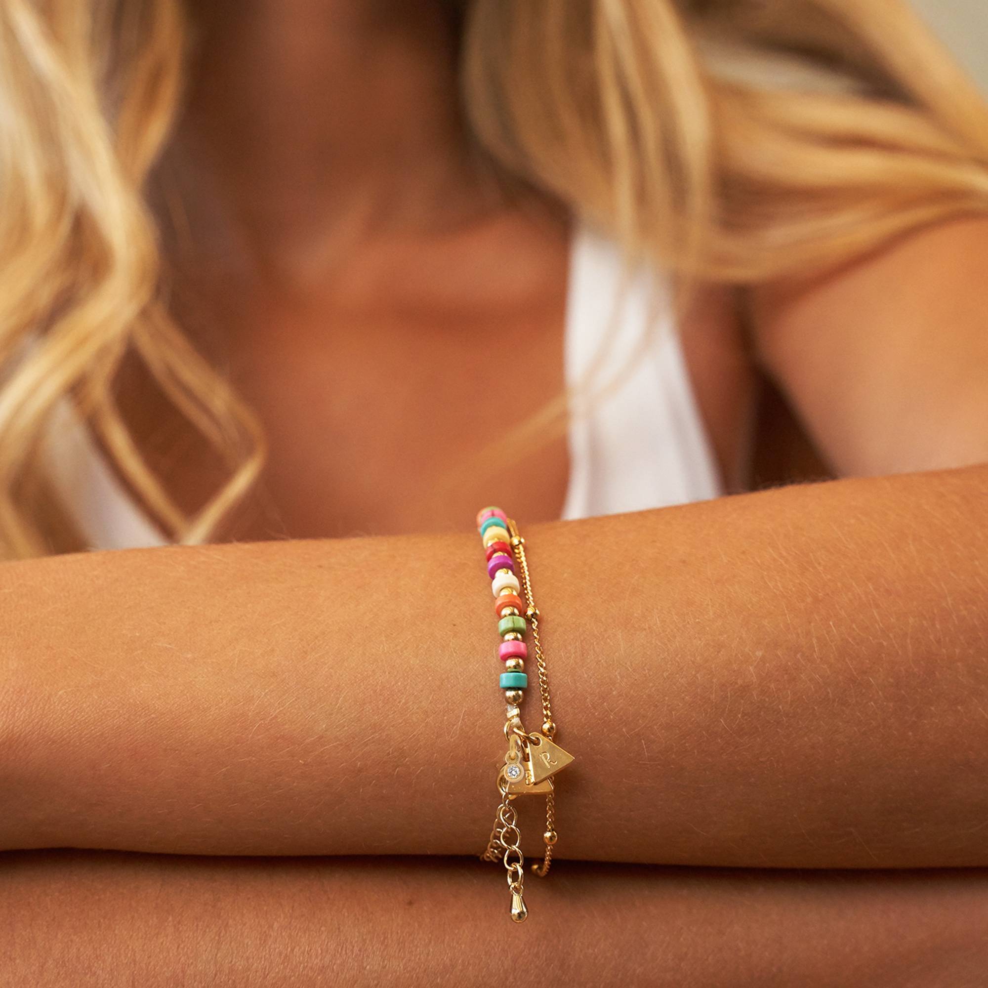 Bracelet/Bracelet de cheville Perles Tropicales avec Initiales et Diamant 0.05 carat en Plaqué Or-2 photo du produit