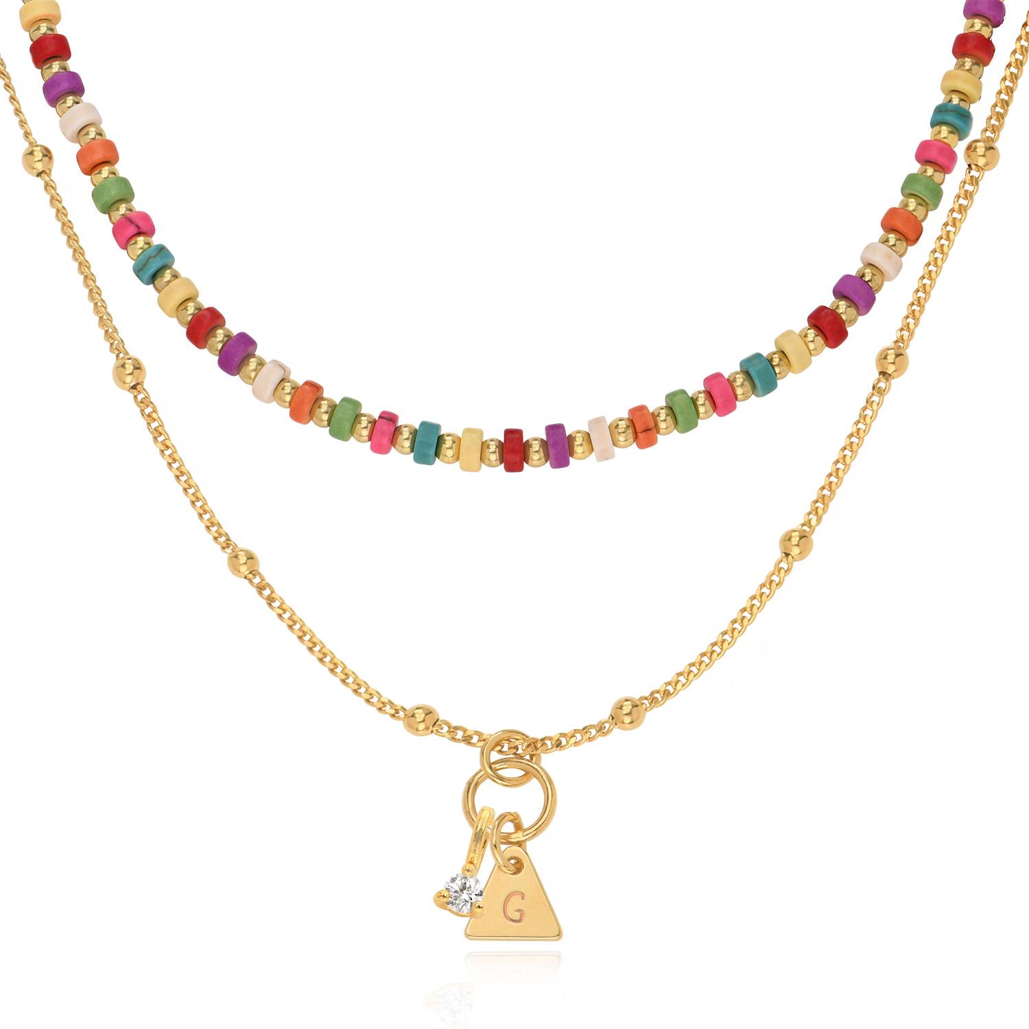 Collana di Perline Tropicali con Iniziali e Diamante Placcata Oro foto del prodotto