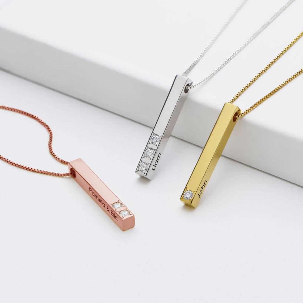 "Totem" collar de barra vertical 3D  Chapado en Oro Rosa de 18K con 1 a 3 Diamantes-3 foto de producto