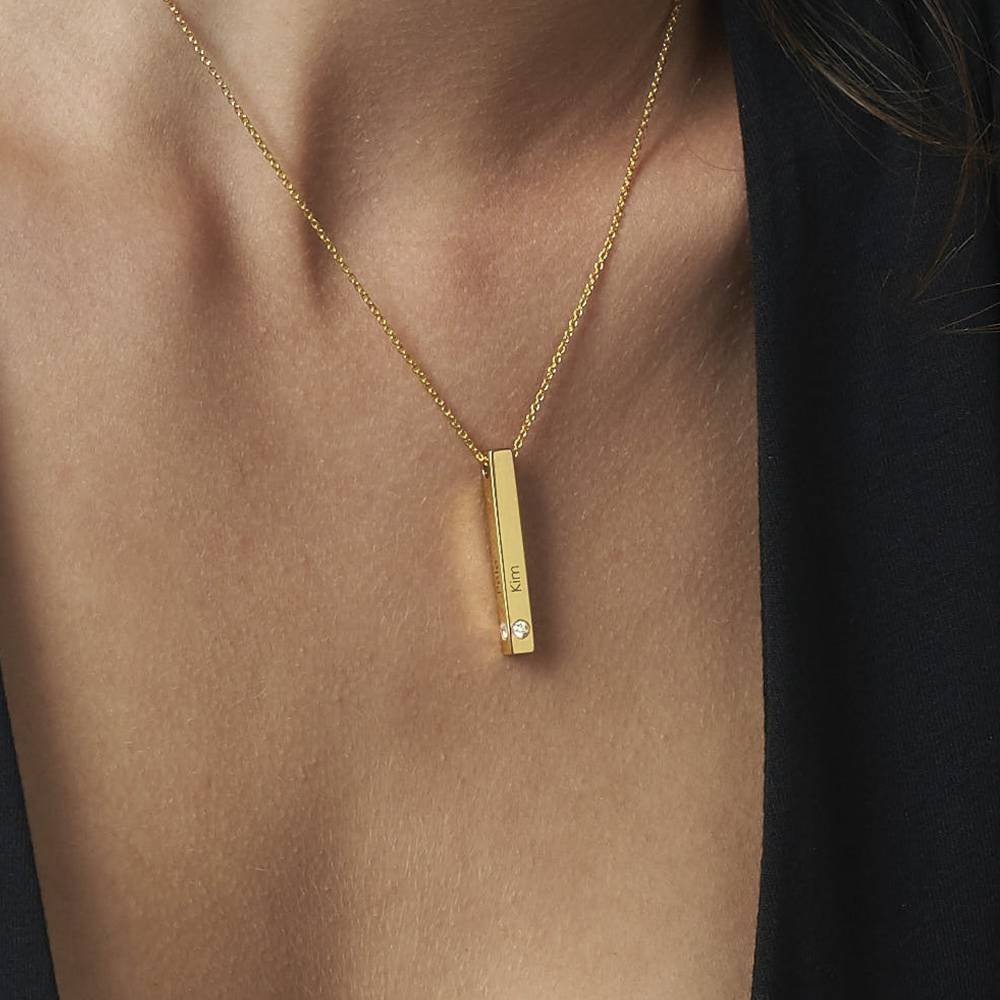 Vertical 3d Bar Necklace in Gold Plating with  Diamonds-3 product photo