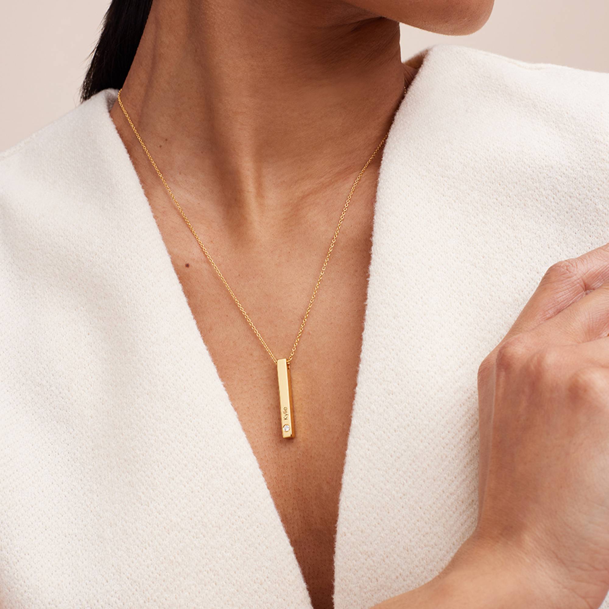 Vertical 3d Bar Necklace with Diamonds in 18k Gold Plating-5 product photo