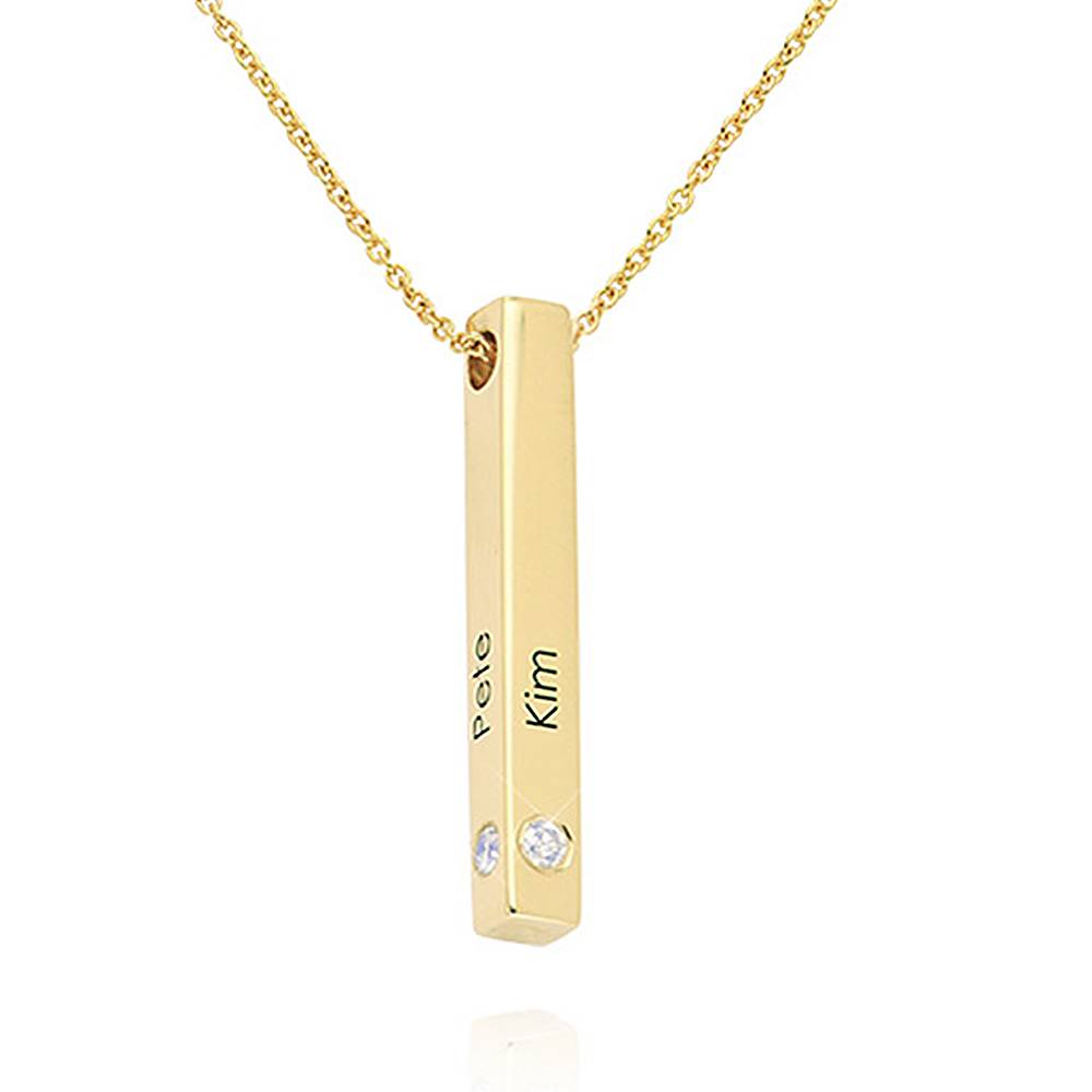 Vertical 3d Bar Necklace with Diamonds in 18k Gold Plating