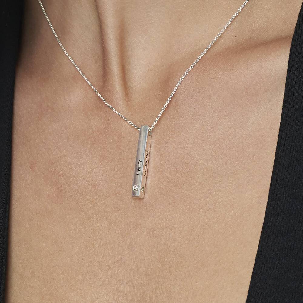 Vertical 3d Bar Necklace with Diamonds in Sterling Silver-3 product photo