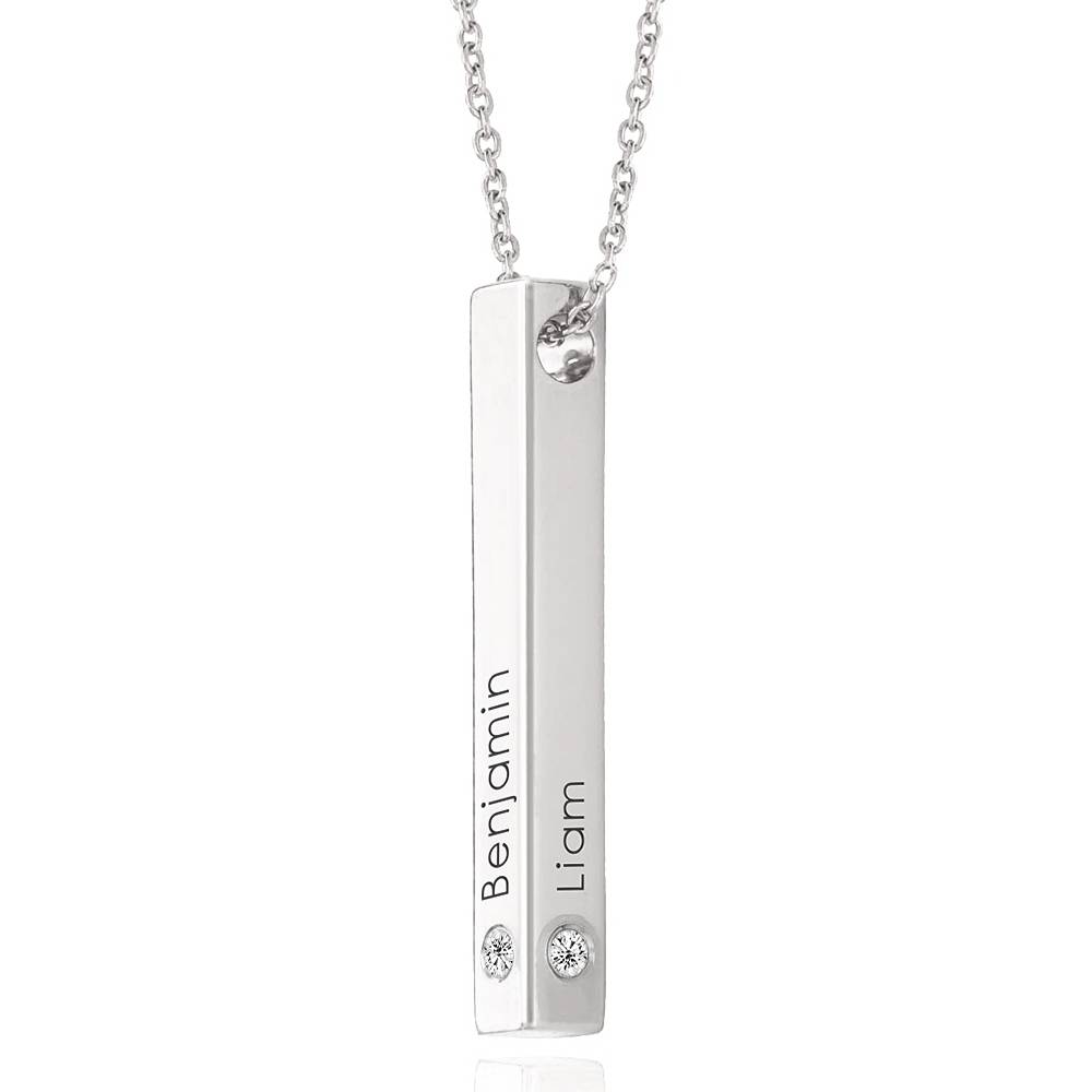 Gepersonaliseerde verticale 3D bar-ketting met diamanten in sterling zilver-6 Productfoto
