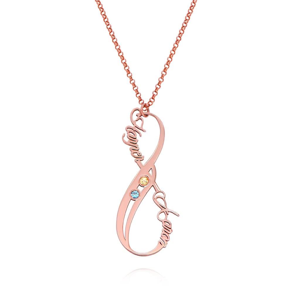 Collar Vertical Infinito con Nombres y Piedras de Nacimiento en Chapa de Oro Rosa foto de producto