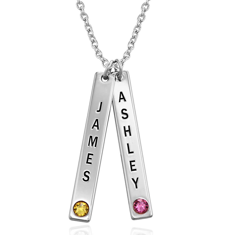 Vertical Sterling Silver Bar Necklace with Birthstone Crystal-2 product photo