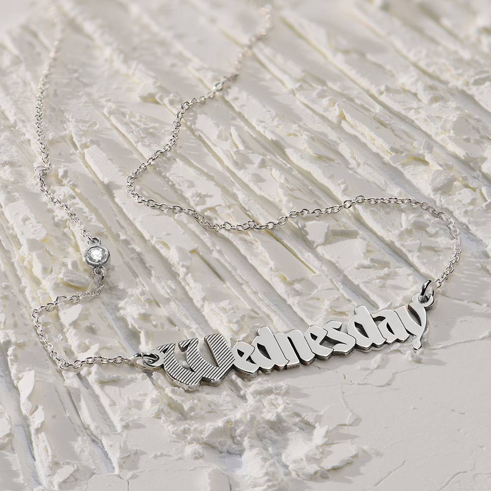 Wednesday Textured Gothic Name Necklace with Diamond in Sterling Silver-3 product photo