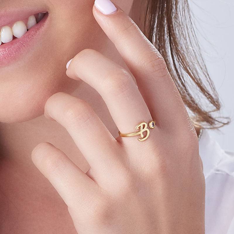 18K Gold Plated Open Initial Birthstone Ring-4 product photo